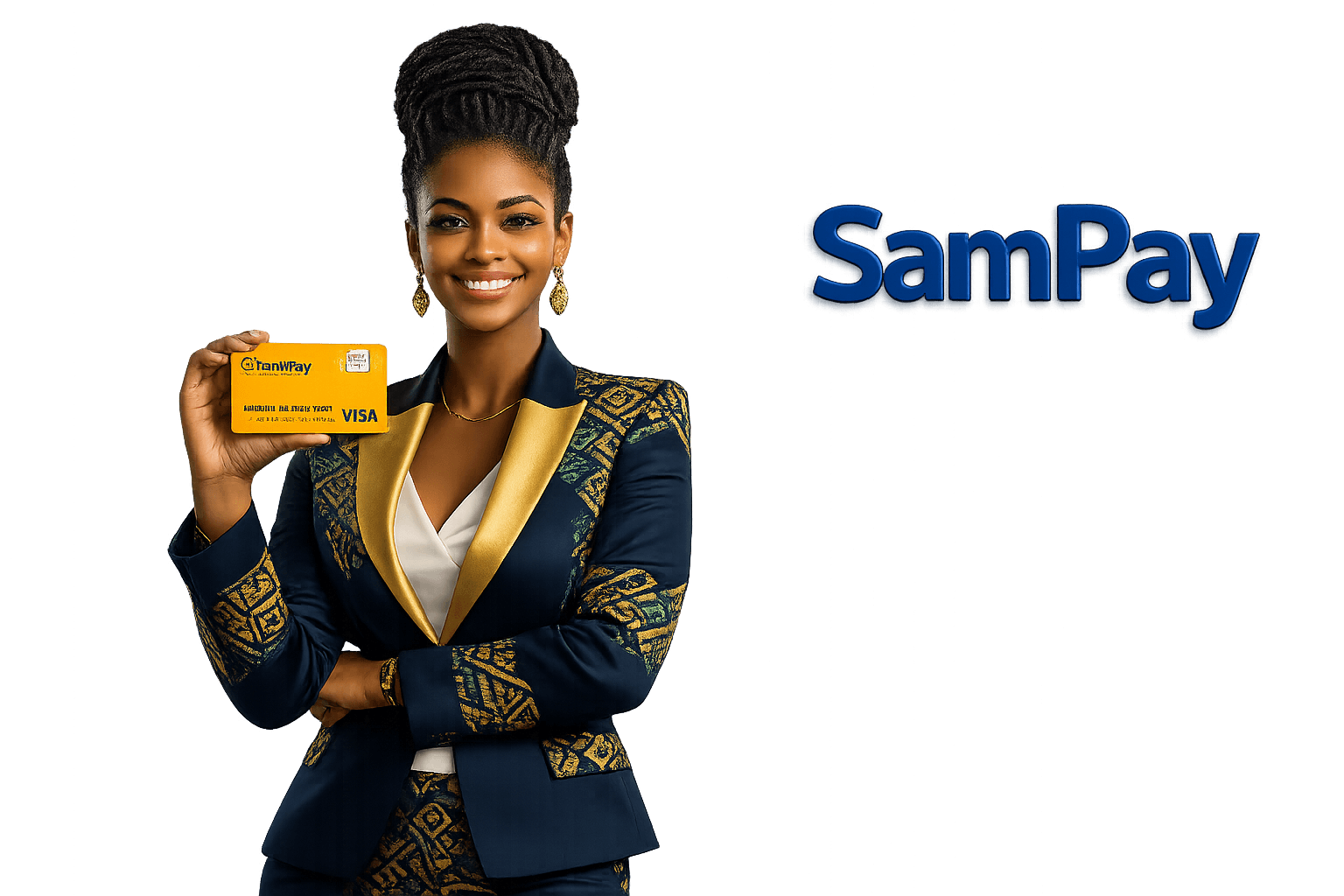 Présentatrice exposant la gamme de cartes de paiement premium SamPay Africa